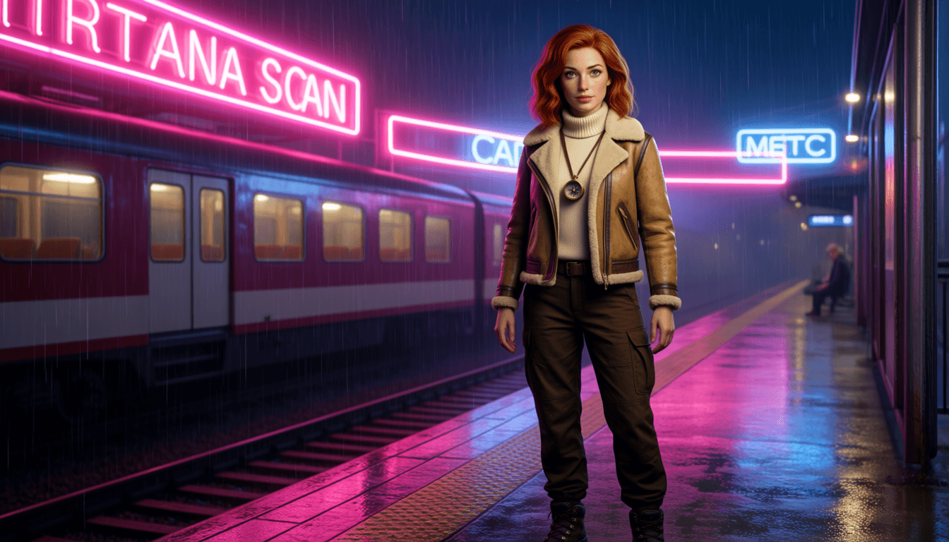 Exploradora adulta fictícia em estação neon, plano aberto. Imagem gerada por IA.