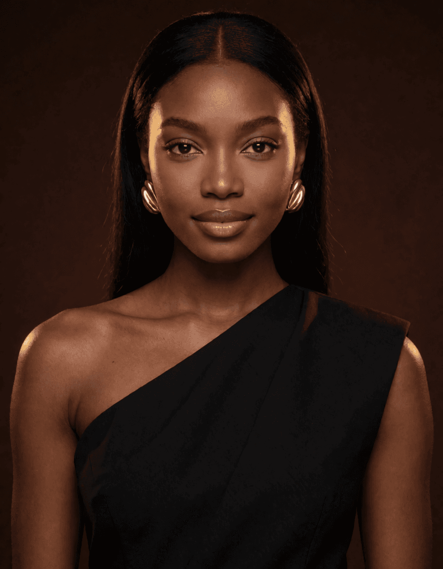 Naomi: Beleza · campanha premium. Personagem adulta fictícia gerada por IA.