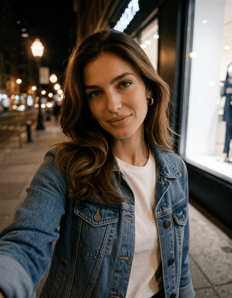 Isabela · selfie noturna. Pessoa adulta fictícia gerada por IA.