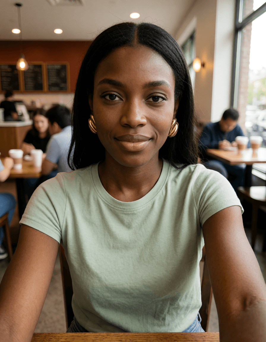 Naomi · pausa no café. Pessoa adulta fictícia gerada por IA.