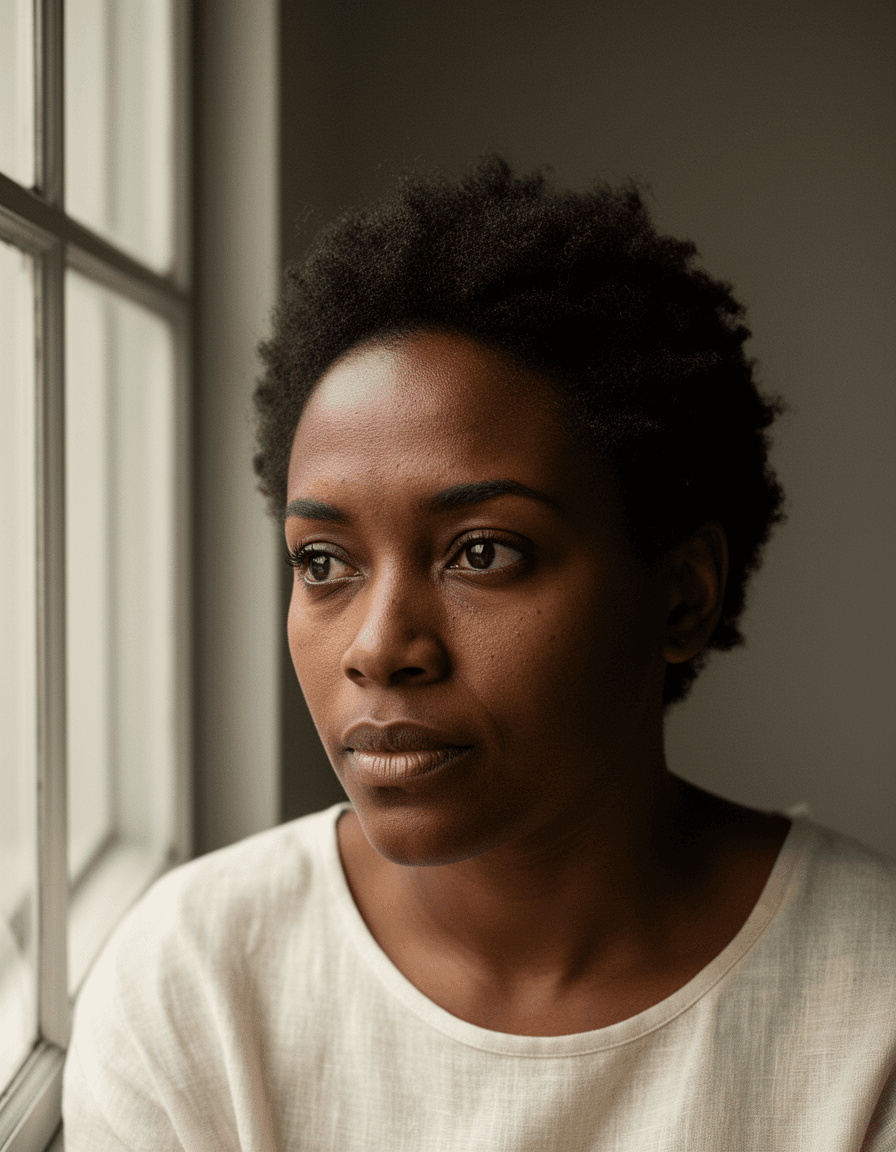Retrato gerado por IA de mulher adulta de pele escura junto à janela.