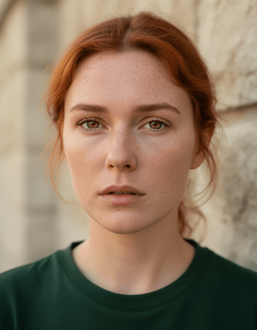 Retrato gerado por IA de mulher adulta ruiva com sardas e camiseta verde.