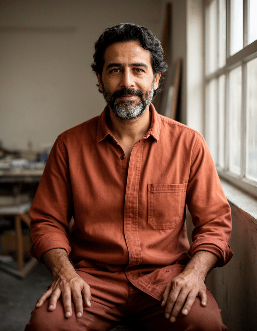 Retrato gerado por IA de homem adulto de pele oliva, sentado em ateliê.