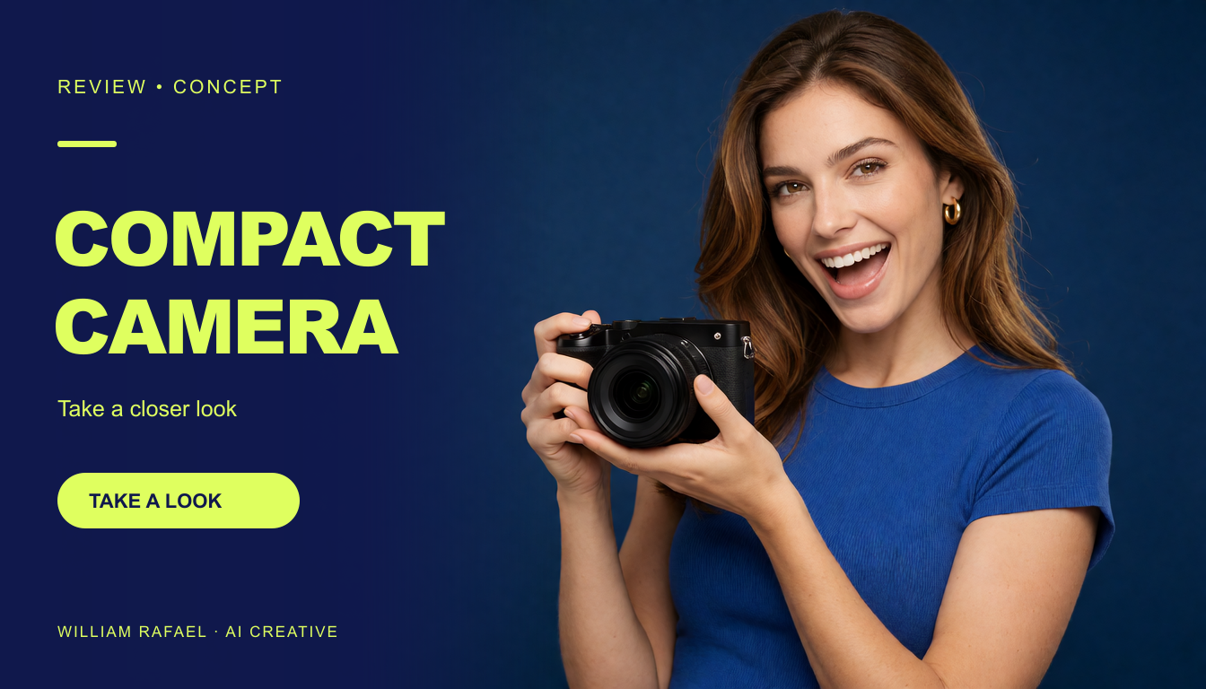Review · compact camera: demonstration advertising layout.