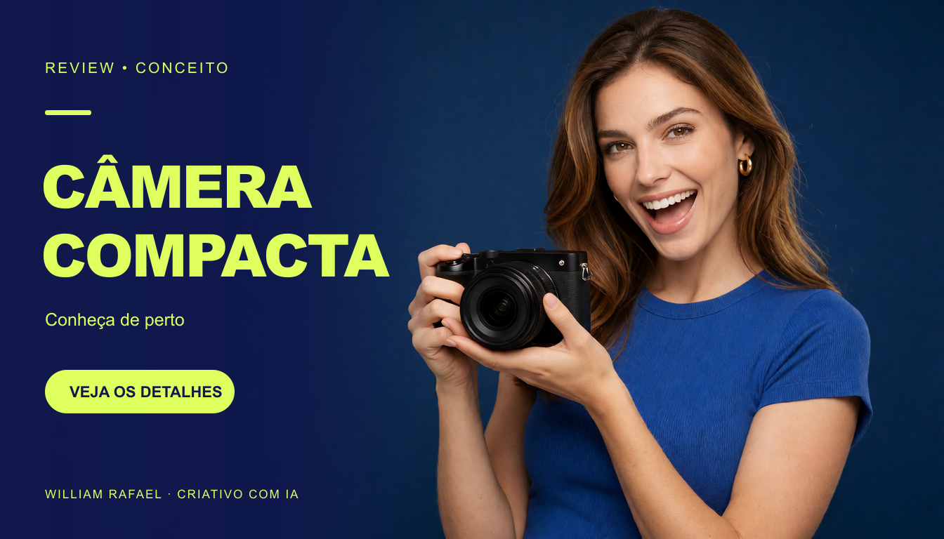 Review · câmera compacta: composição publicitária demonstrativa.